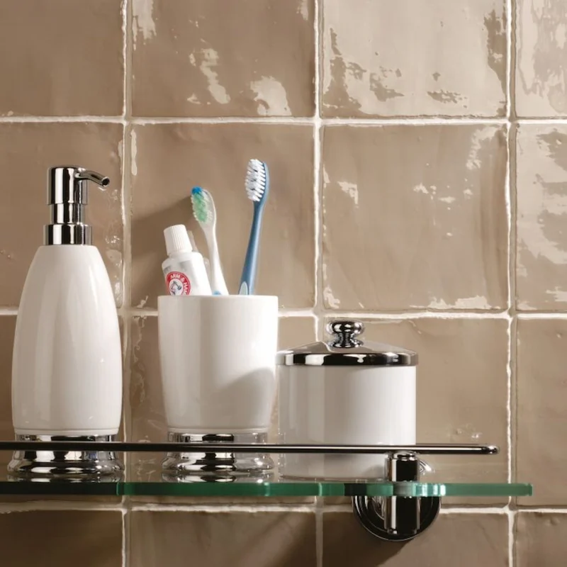 Damask Field ceramic wall tiles in a beige tone, shown in a bathroom setting with a glossy finish.