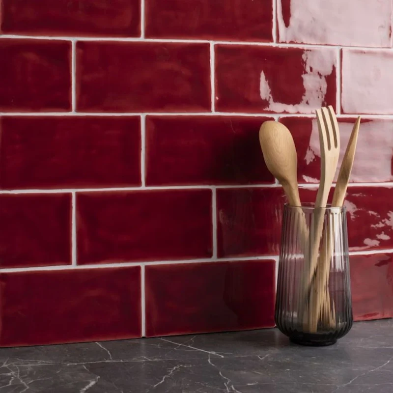 Rioja brick tile in deep red shown as a kitchen splashback