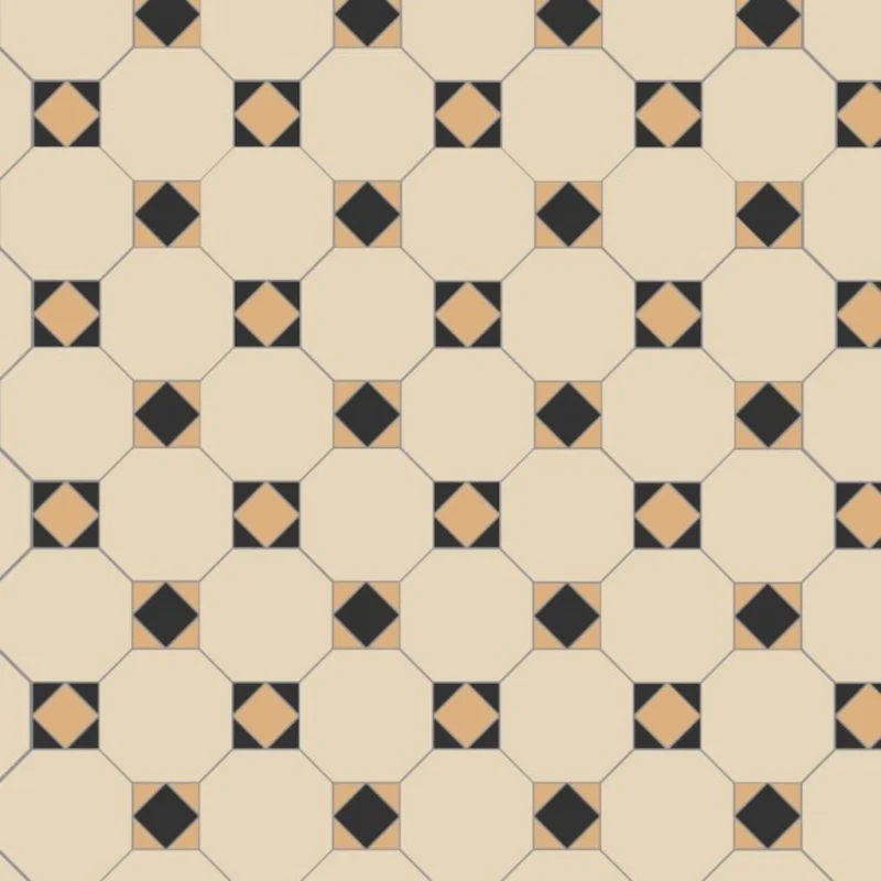 Victorian-style geometric floor pattern made from white octagon tiles connected by black squares with buff diamond centres.