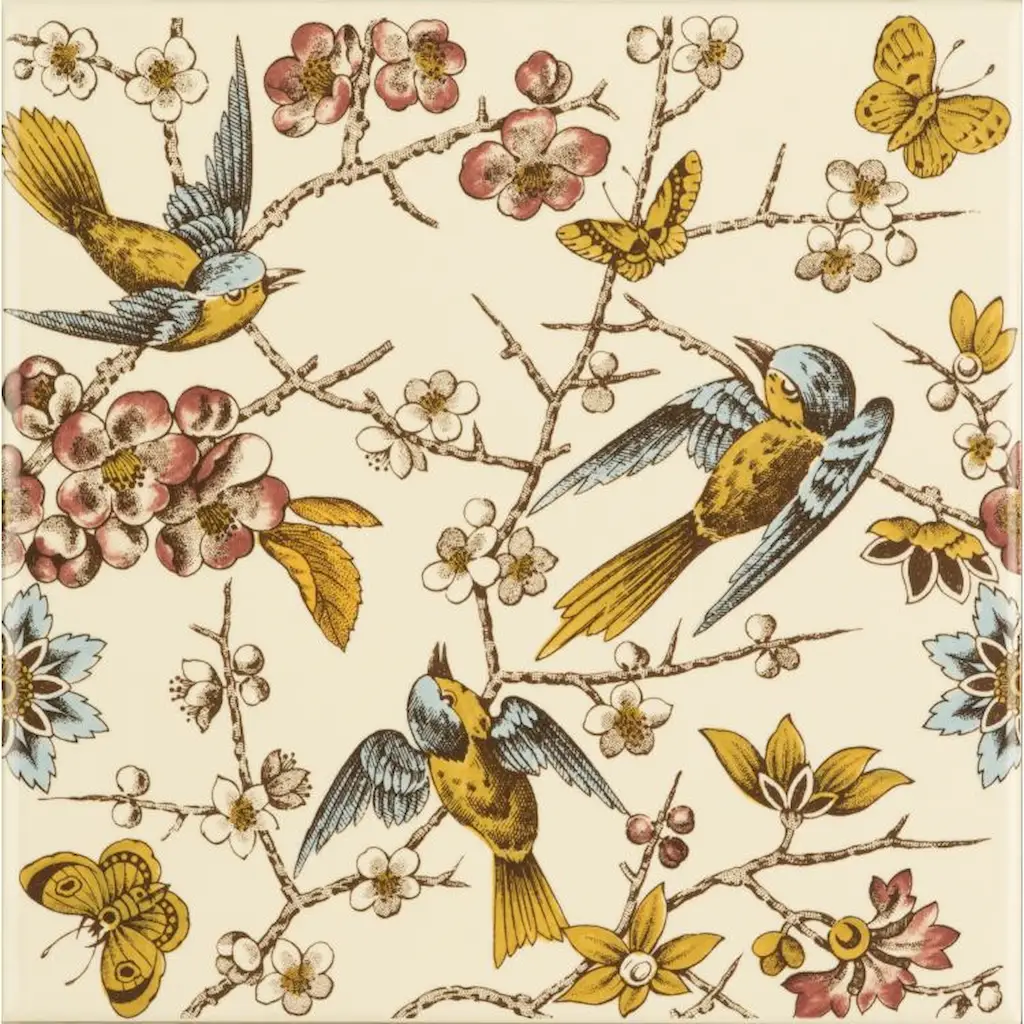 Bluebird patterned tile showing flying blue and yellow birds, pink and white flowers, and butterflies on a soft cream background