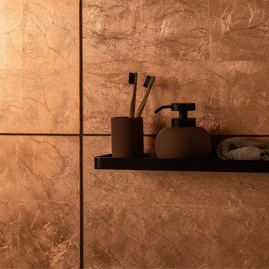 Giza glass 60x30cm copper tile shown as a bathroom splashback