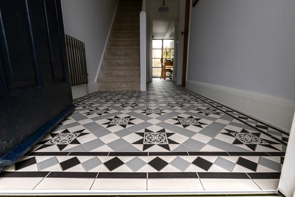 Blenheim Victorian Floor Pattern in Dover White, Grey, Black shown in a hallway