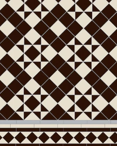 Braemar Victorian floor tile pattern in black and white shown with Bronte border
