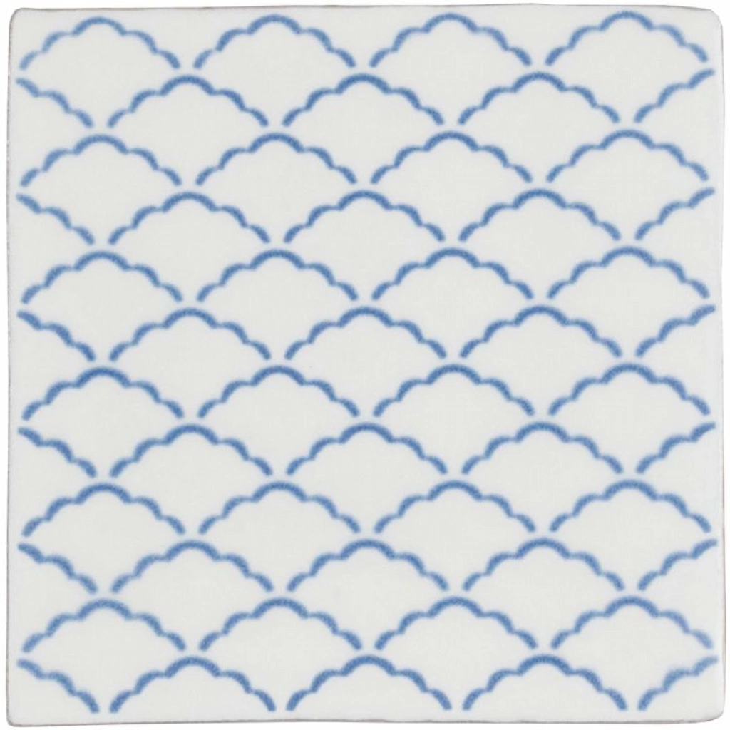 Nuage Decorative Tile on Papyrus featuring a soft blue cloud pattern on an off-white glazed background.