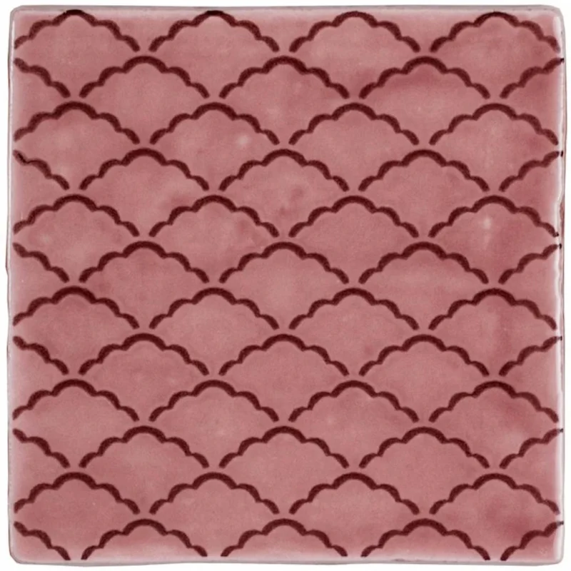 Manoir Nuage Tayberry decorative wall tile with repeating scalloped pattern in berry red on a soft pink background