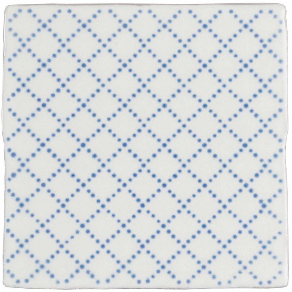 Trellis Decorative Tile on Papyrus featuring a soft blue dotted lattice pattern on an off-white glazed background.
