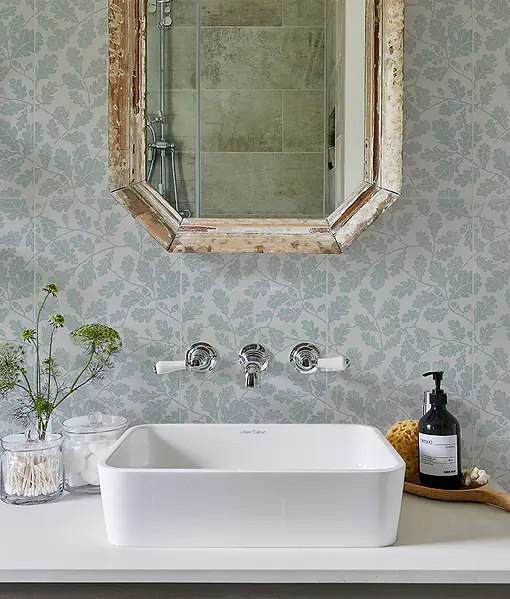 Alfriston Sea Kale shown in a bathroom setting behind a mirror