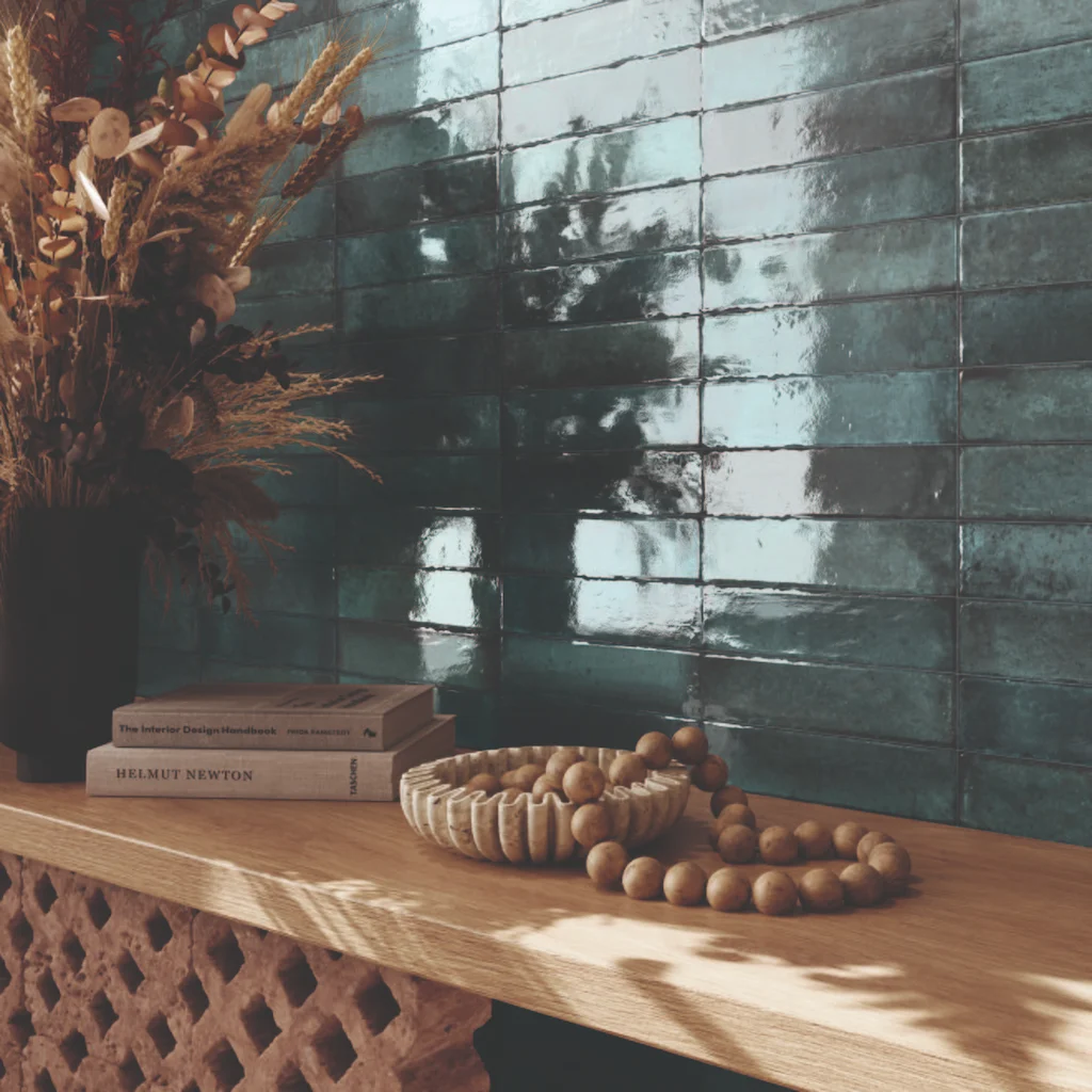 Feel turquise 25x6cm gloss tile shown as a splashback