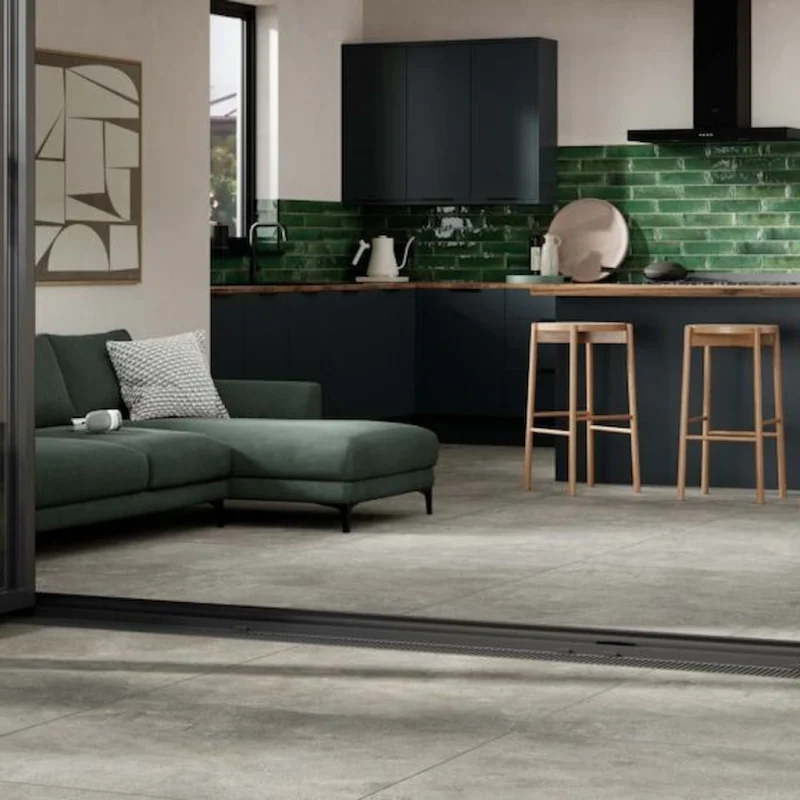 Modern kitchen and living space showing Mineral Nature 1000x1000 tile on the floor