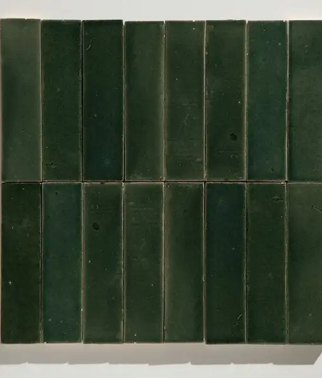 Stone Glaze Ceramic Petrol Green Tile 5x20cm in gloss finish, shown in stacked brick bond layout, product display view
