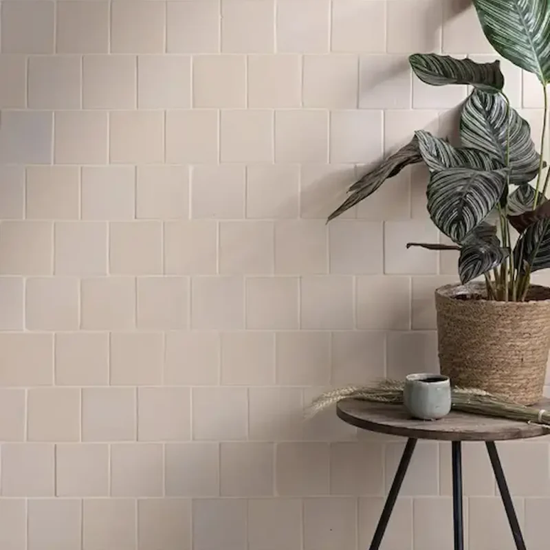 Neutral chalkstone matt ceramic tiles in a square format, styled with indoor plant décor