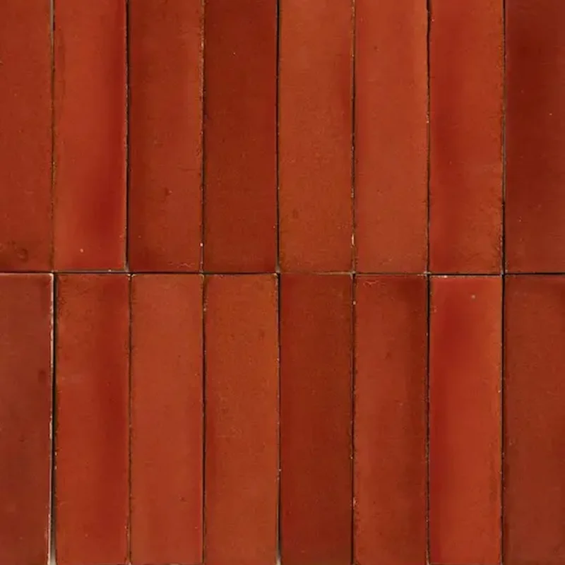 Stone Glaze Imperial Red ceramic tiles in 5x20cm format shown in a stacked brick layout with tonal variations.