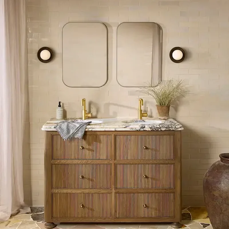 Bathroom wall with Stone Glaze Linen 5x20cm ceramic tiles in a neat brick layout behind a double vanity unit