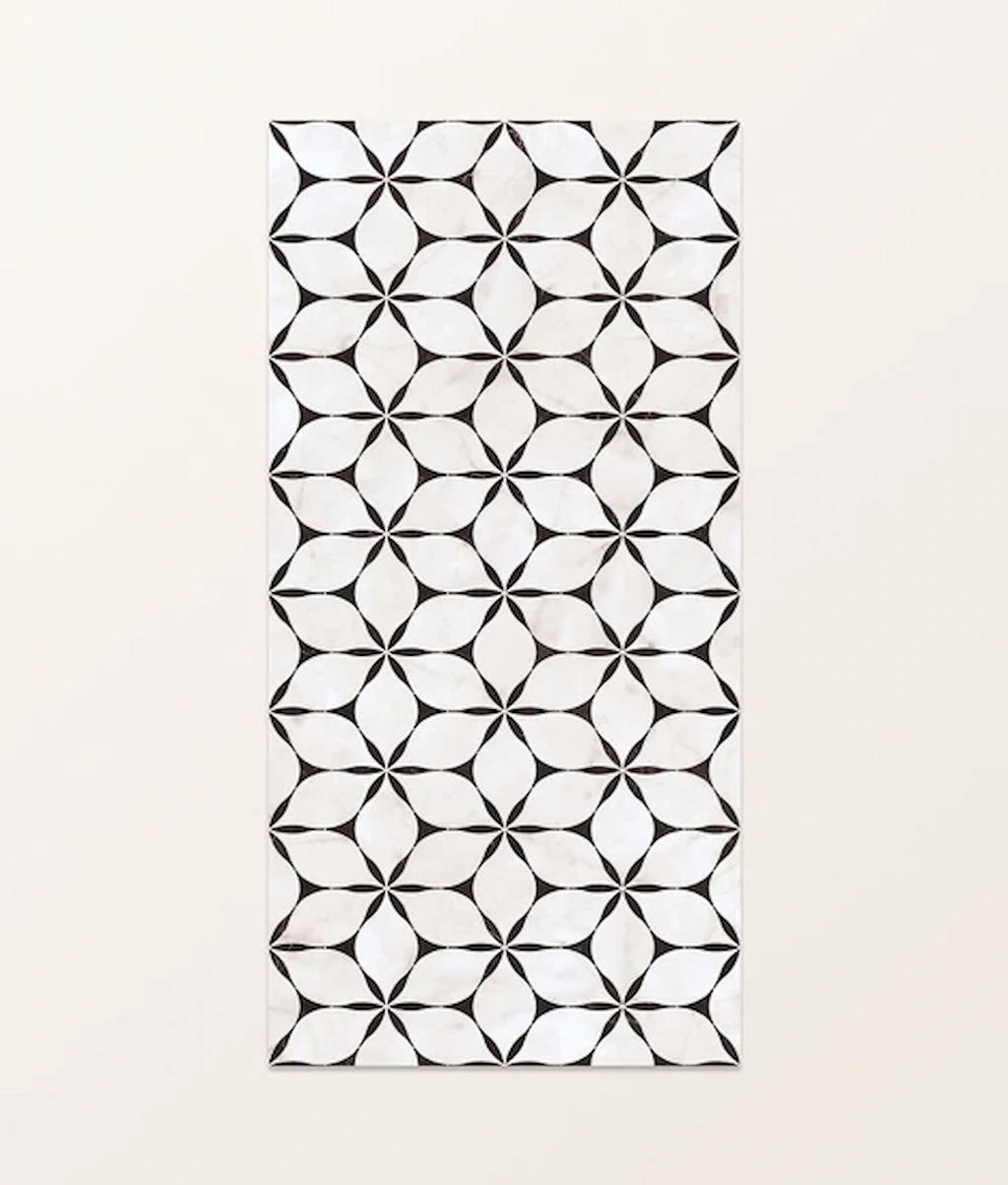 Byzantine Elysium porcelain tile sheet with a black and white geometric petal pattern, shown front-facing