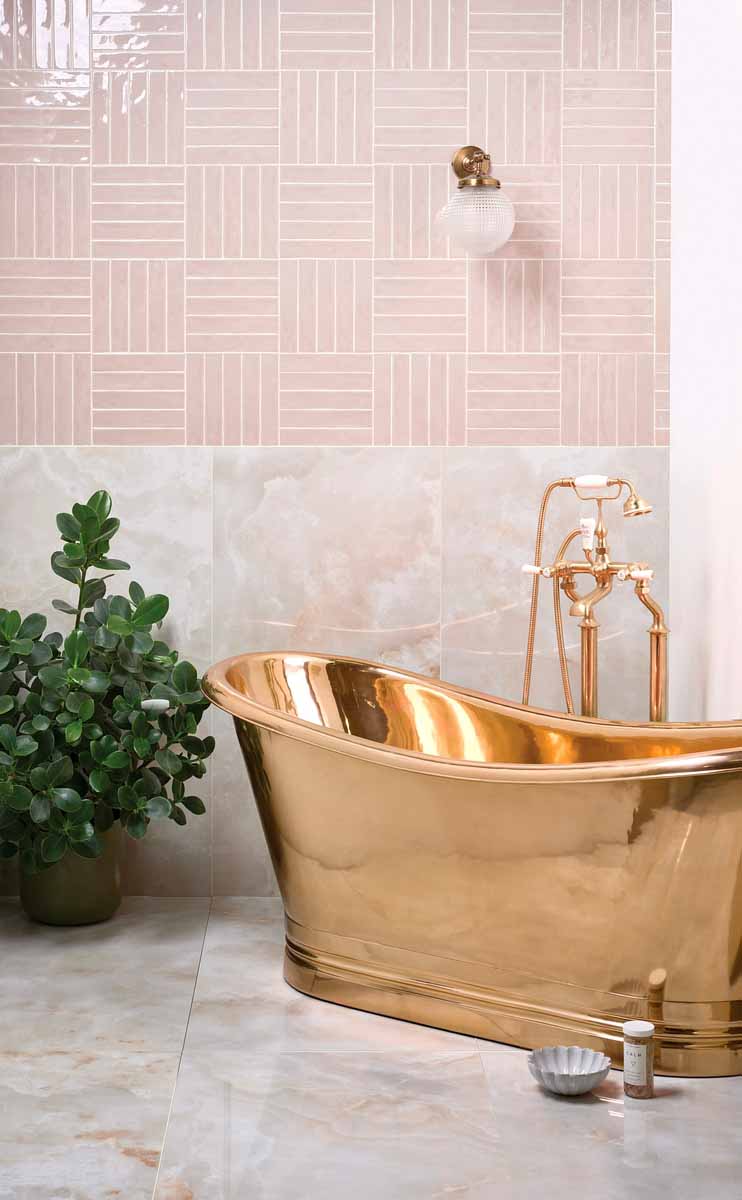 Porcelain floor tiles in an open-plan living and dining space