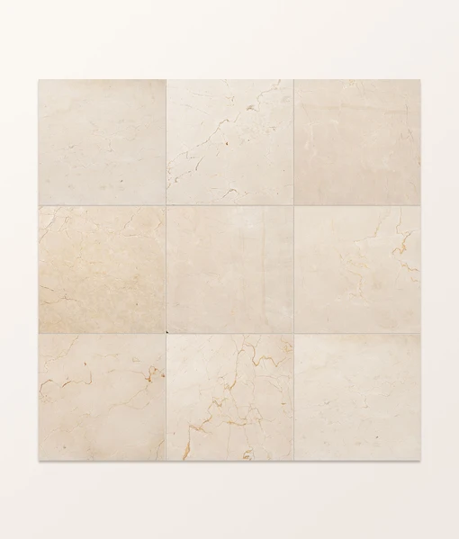 Versailles Marble Creme tiles shown in a nine-tile layout with soft beige marble veining.