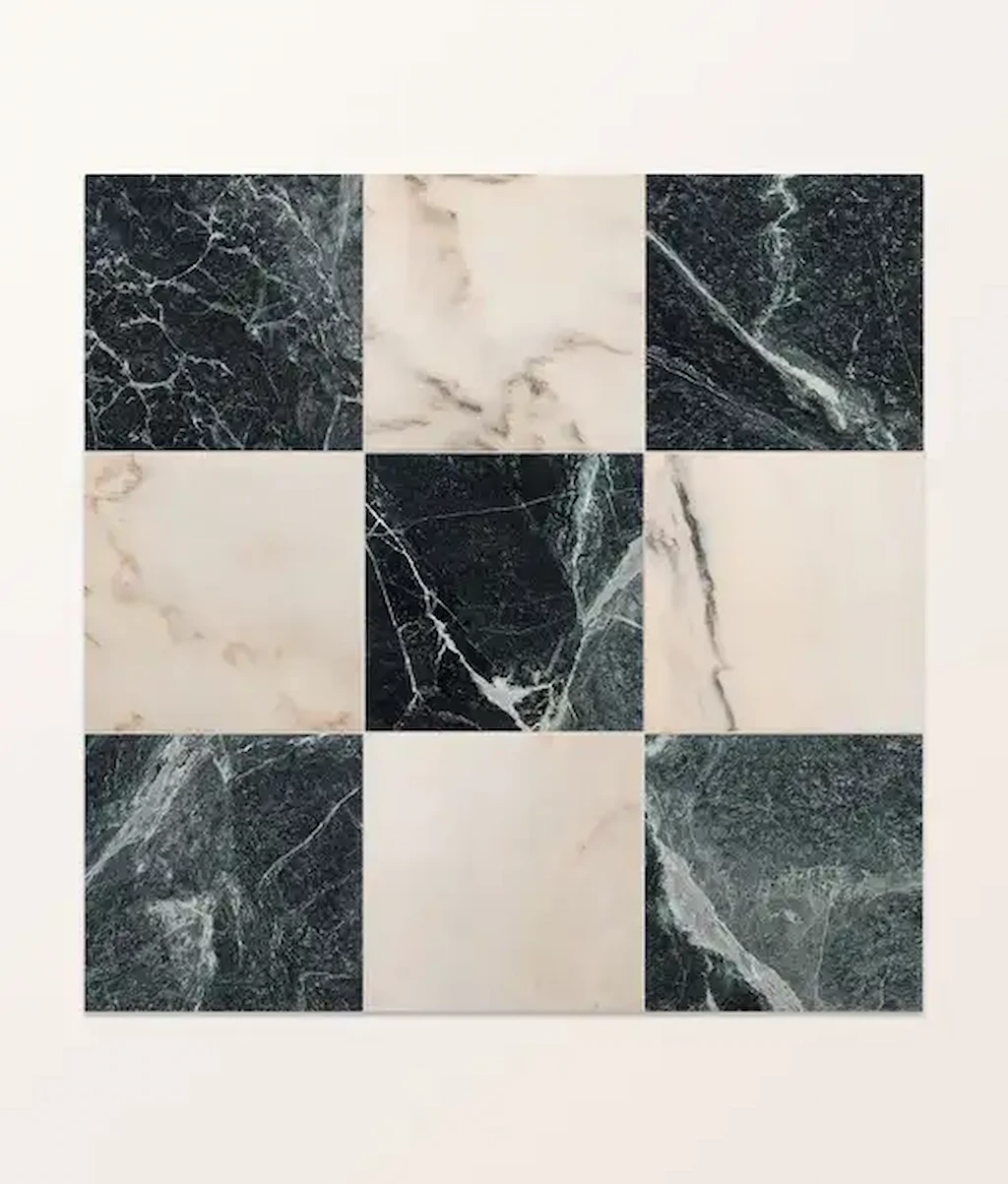 Chequerboard layout using Versailles Marble Vert Honed mixed with lighter marble tiles, highlighting the contrast between the green and cream tones.