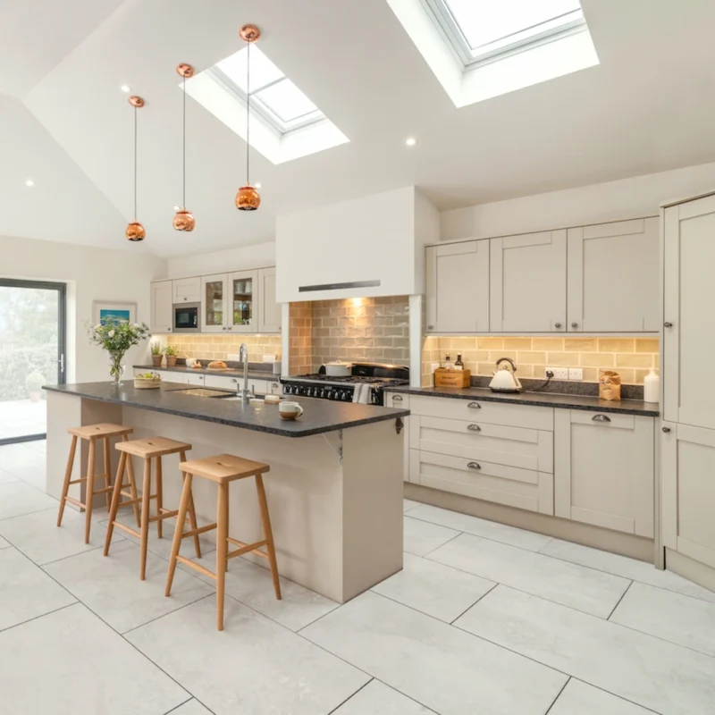 Hartland Priory porcelain floor tiles in a light stone-effect finish, shown in a bright modern kitchen