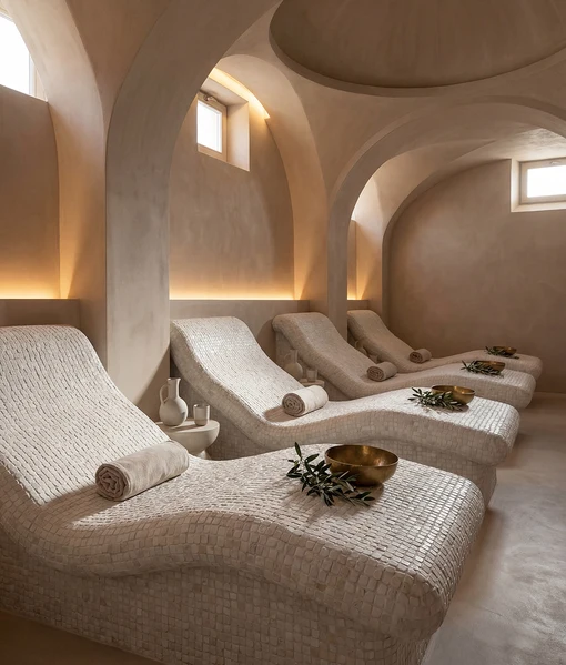 Enso Cobble Mosaic Cube Chalk 30x30cm tiles used on curved spa loungers, soft chalk limestone mosaic creating a calm, warm interior space