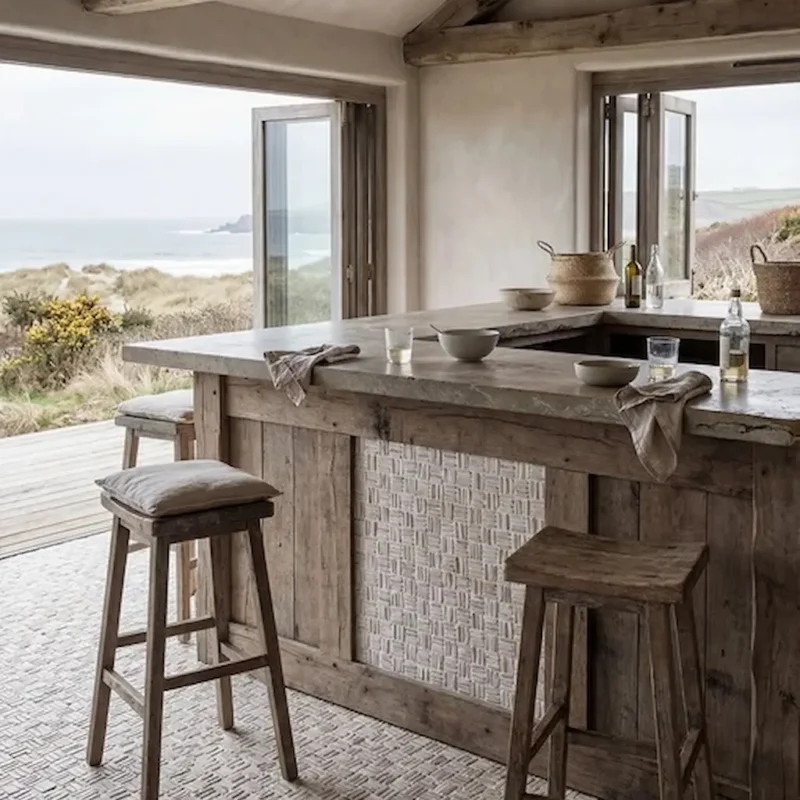 Enso Mosaic Organic Basketweave tile in neutral tones installed on kitchen floor in coastal style interior with wooden island