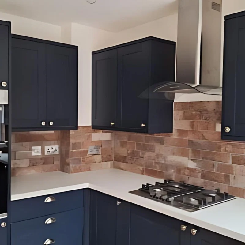 Brick effect tiles shown as a kitchen splashback