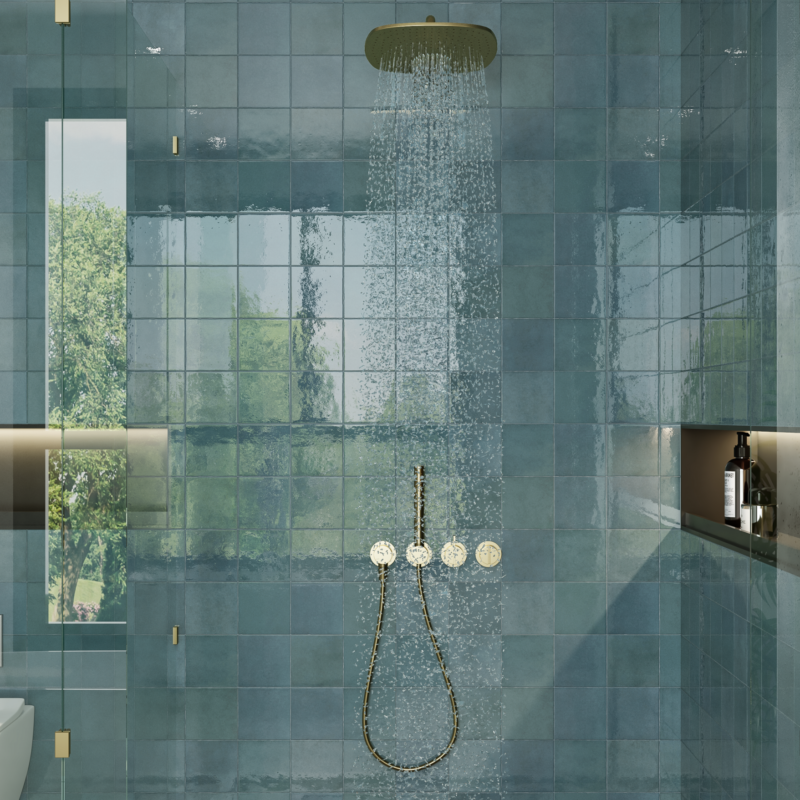 Casablanca ocean zellige square gloss tile shown here on a shower wall