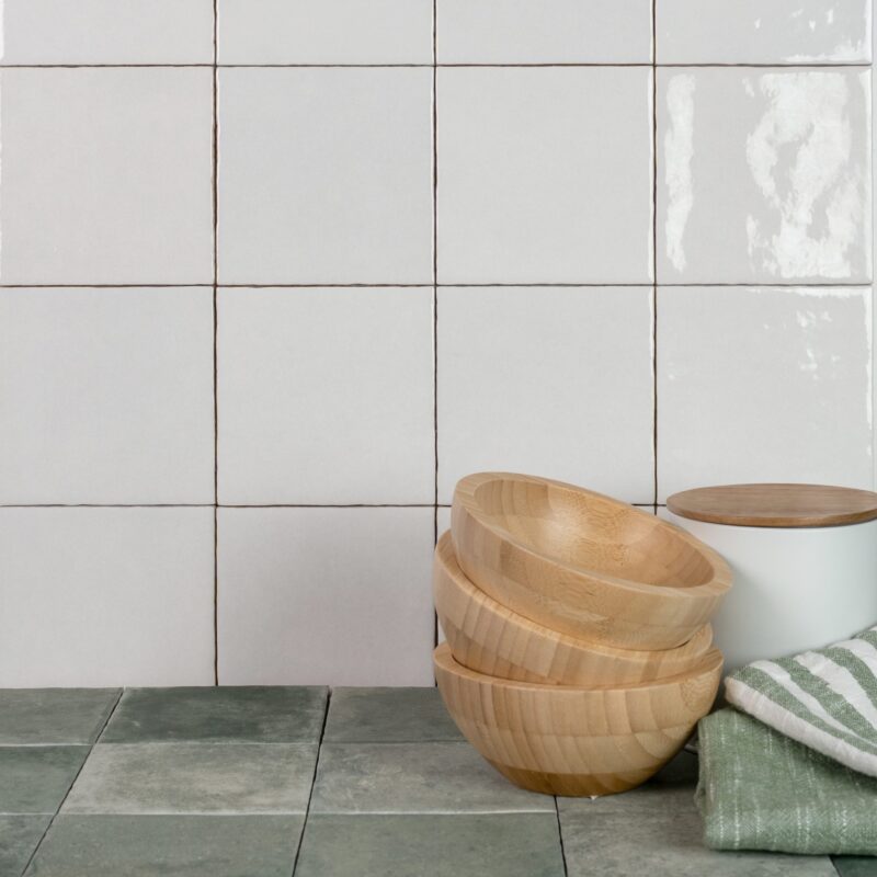 Casablanca zellige square white gloss tile shown as a kitchen splashback