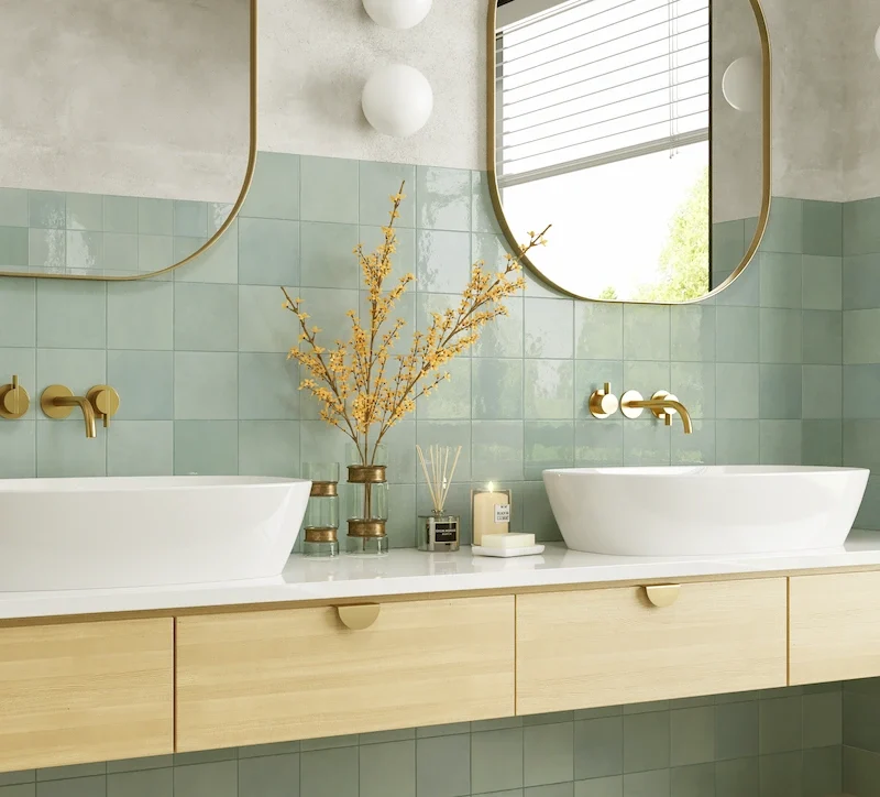 Green zellige gloss square tile shown on a bathroom wall