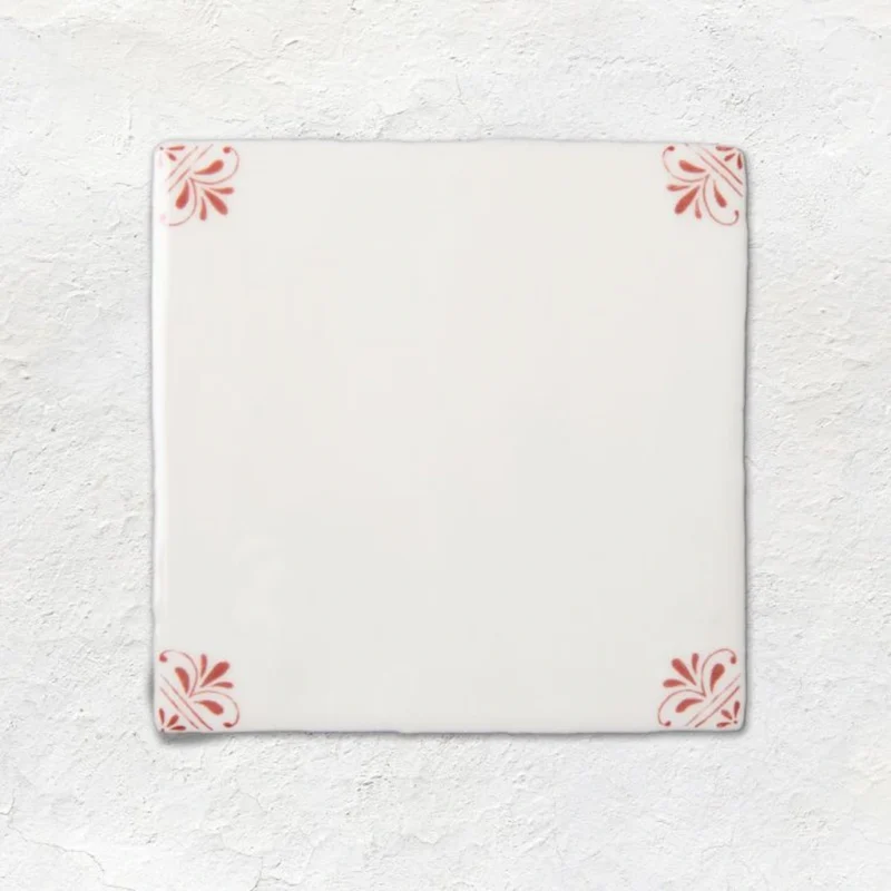 Country Delft Beatrix Burgundy decorative wall tile 130x130mm by Original Style showing off-white ceramic tile with burgundy corner pattern
