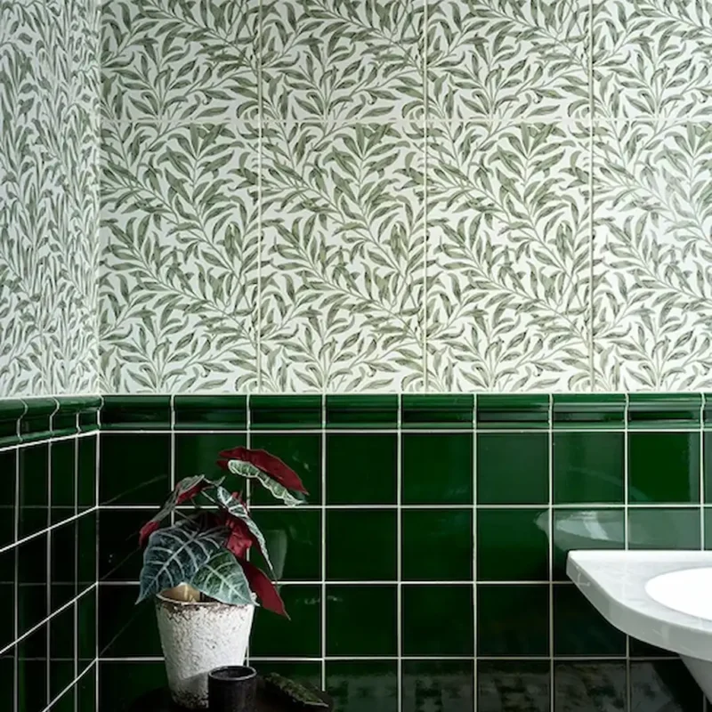 Victorian style Olive Green Dado Crackle tiles with decorative leaf wall tiles in bathroom setting