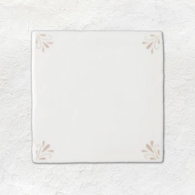 Close-up of the Country Delft Ada Taupe tile showing delicate taupe corner pattern detail and handcrafted-style finish.