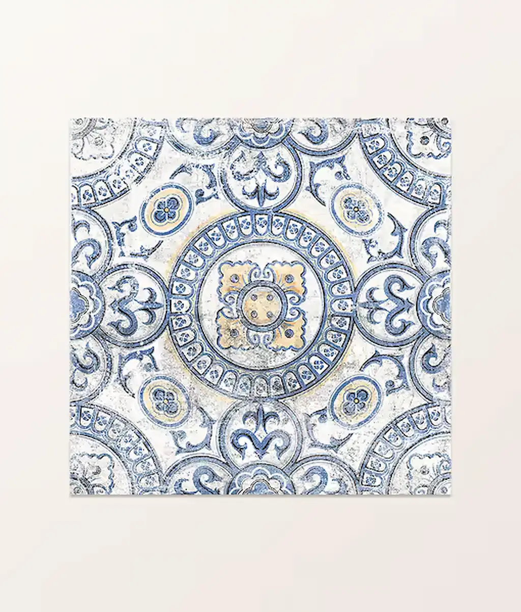Full view of Tapestry Porcelain Paving textured geometric tile featuring decorative Mediterranean-style blue and neutral geometric design.