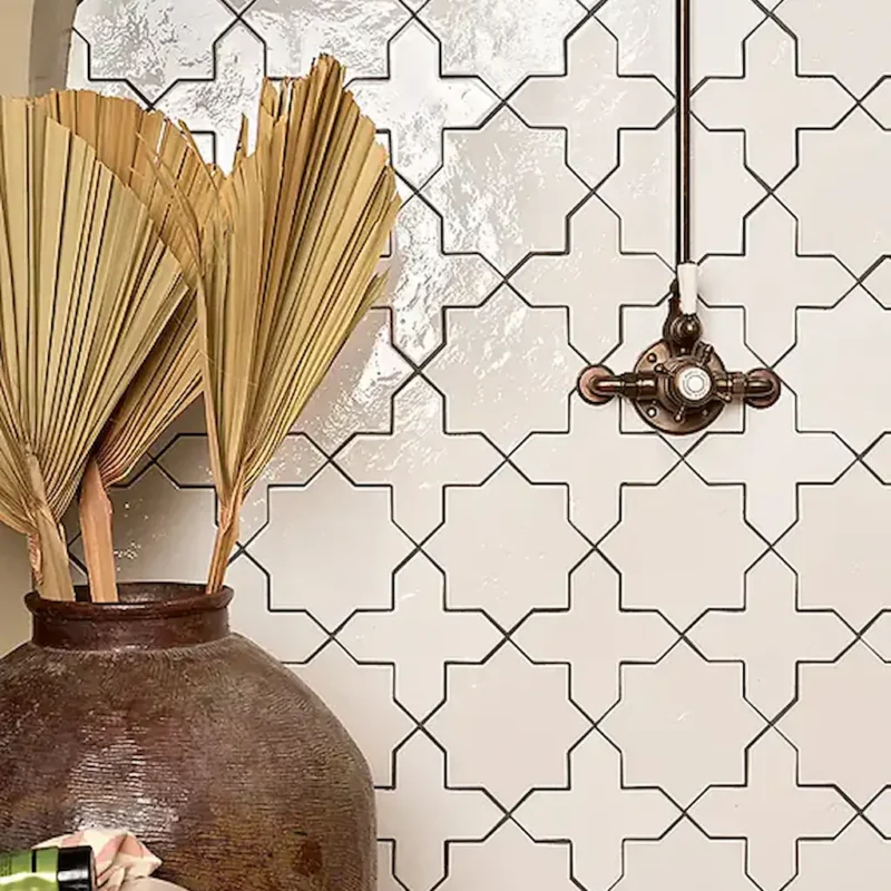 Fez white porcelain tile showing a moroccan style in a star and cross pattern
