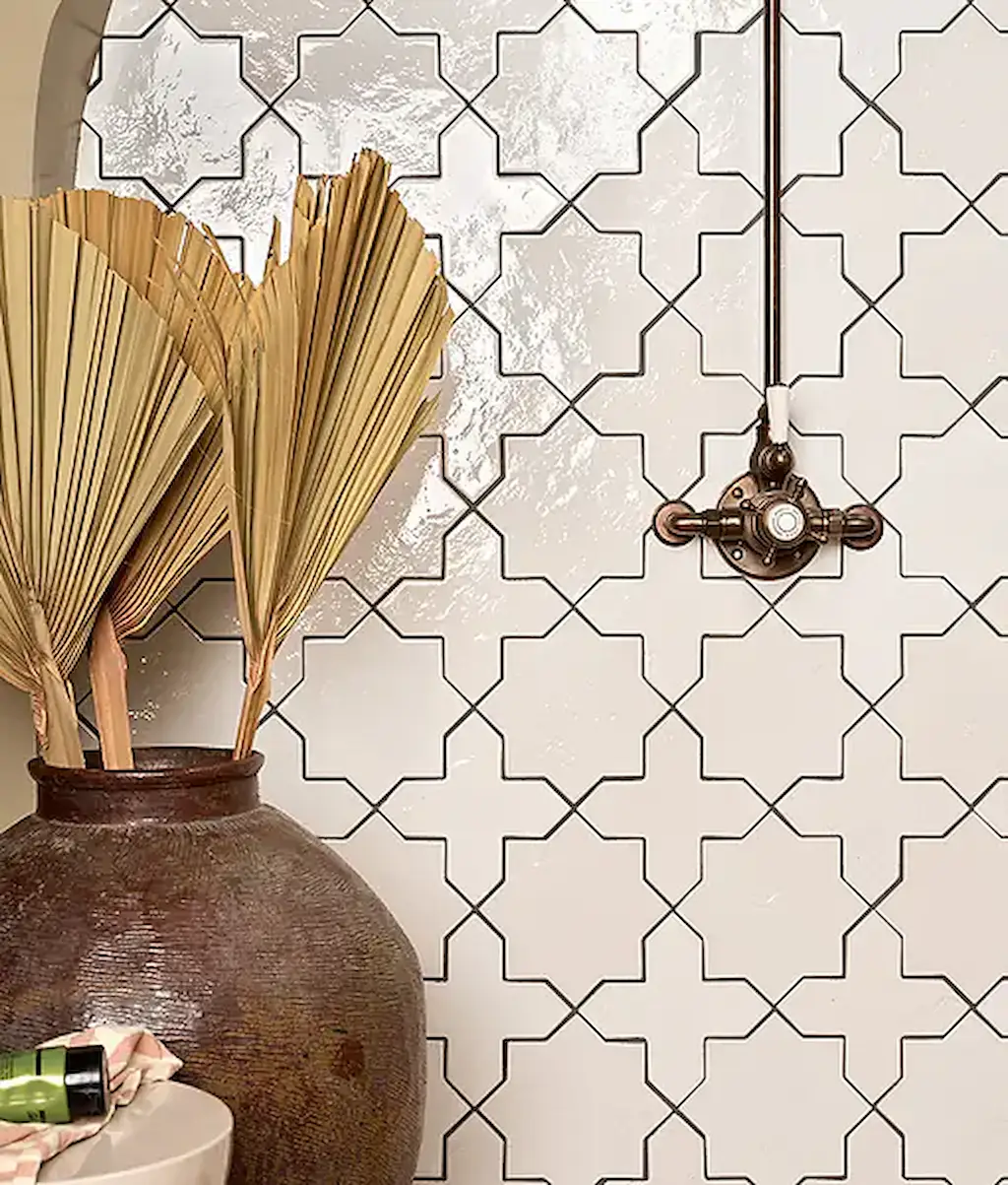 Fez white porcelain tile showing a moroccan style in a star and cross pattern