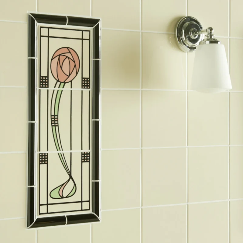 County white field tile shown here on a wall with a rose decor
