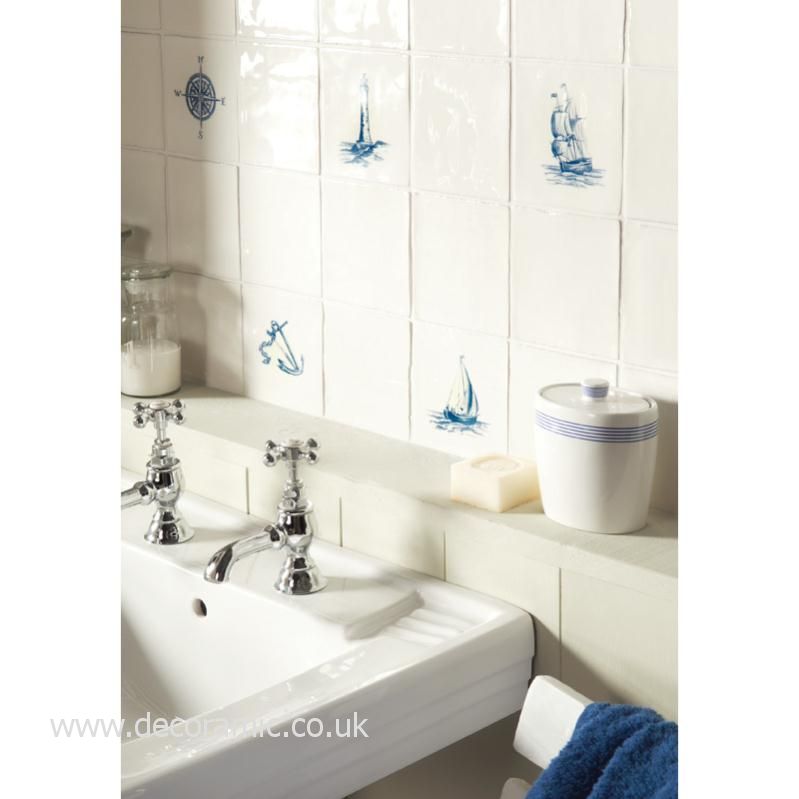 Winchester Lighthouse Blue on Papyrus Decorated Tile 130x130 mm W.2580 Winchester Tiles