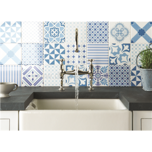 Filigree Blue Sky Blue, Sea Blue, Midnight Blue on Brilliant White tile 8503A 152x152x10 mm Odyssey Original Style