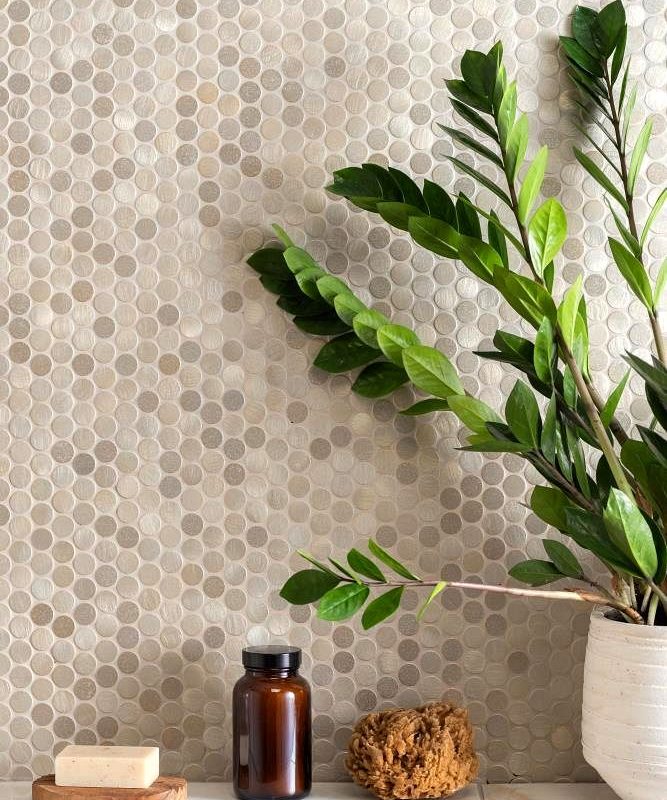 Pallene Gold Mixed Finish Penny Round Mosaic Satin Mosaic Metal - MW-PALMOS - 300x300 Original Style