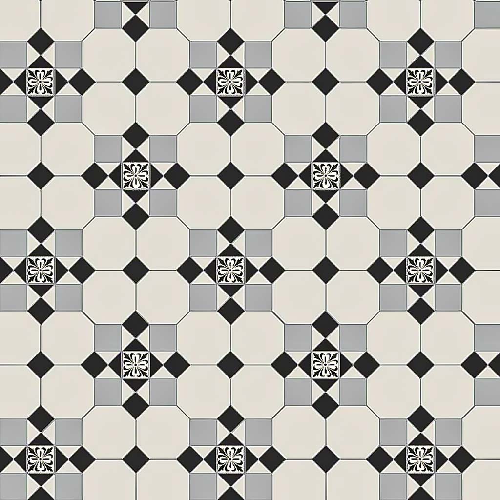 Tenby Black, Dover White & Grey, Cardigan Victorian Floor Tile Design